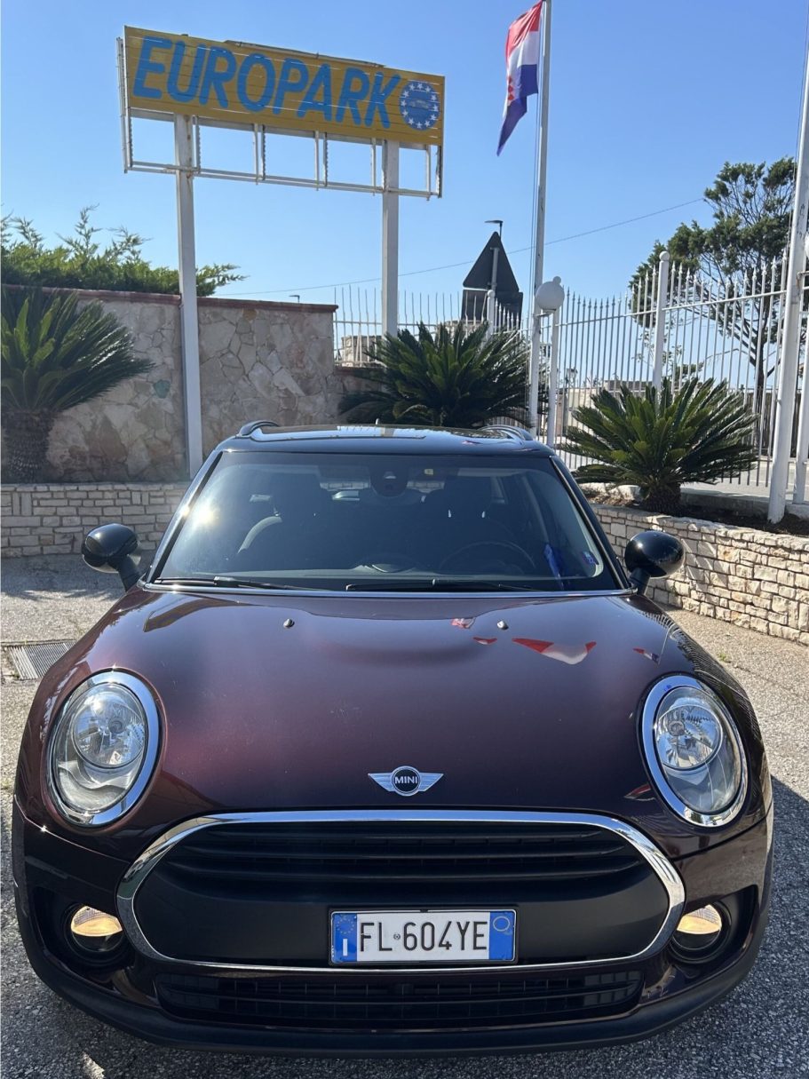 Mini Cooper parked at Europak, with palm trees and blue sky in the background.